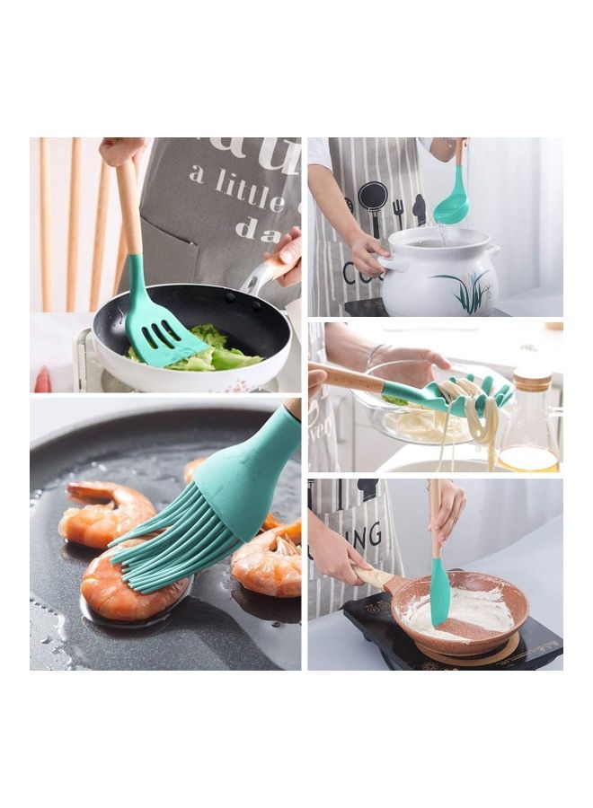 XiuWoo 11-Piece Silicone Wooden Handle Kitchen Utensil Set With Holder Green/Brown One Size - Image 2