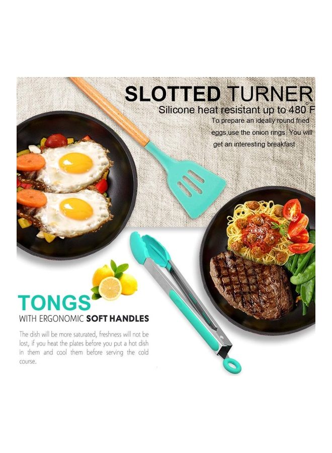 XiuWoo 11-Piece Silicone Wooden Handle Kitchen Utensil Set With Holder Green/Brown One Size - Image 3