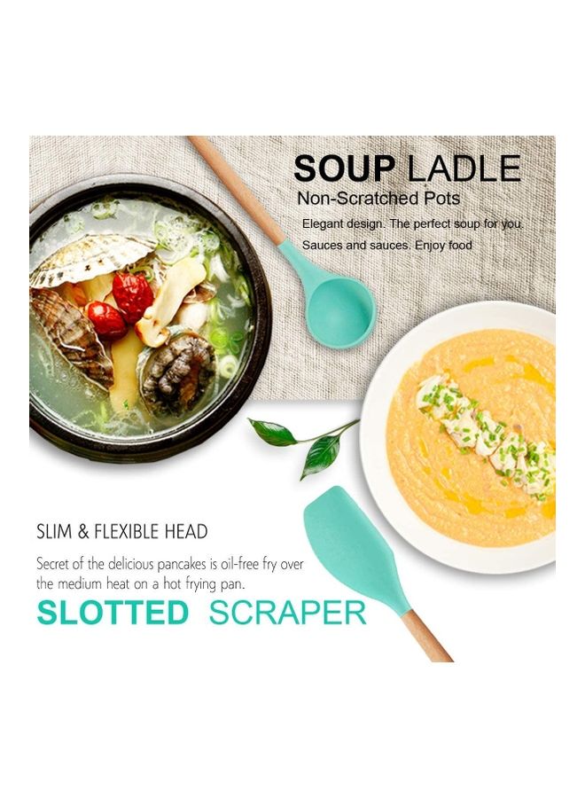 XiuWoo 11-Piece Silicone Wooden Handle Kitchen Utensil Set With Holder Green/Brown One Size - Image 4