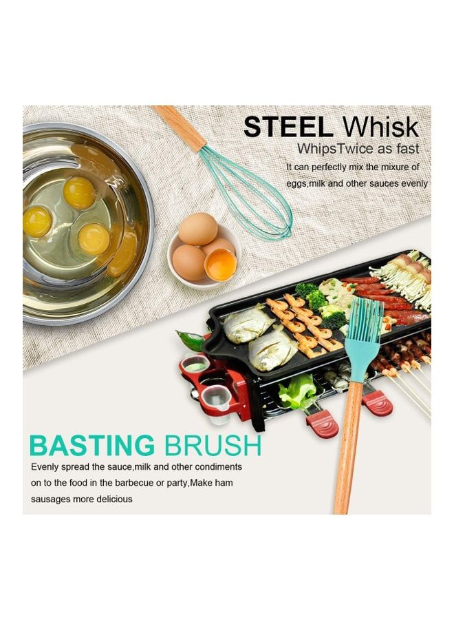 XiuWoo 11-Piece Silicone Wooden Handle Kitchen Utensil Set With Holder Green/Brown One Size - Image 5