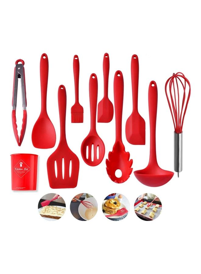 XiuWoo 11-Piece Silicone Cooking Utensils Set Red/Silver One Size - Image 1