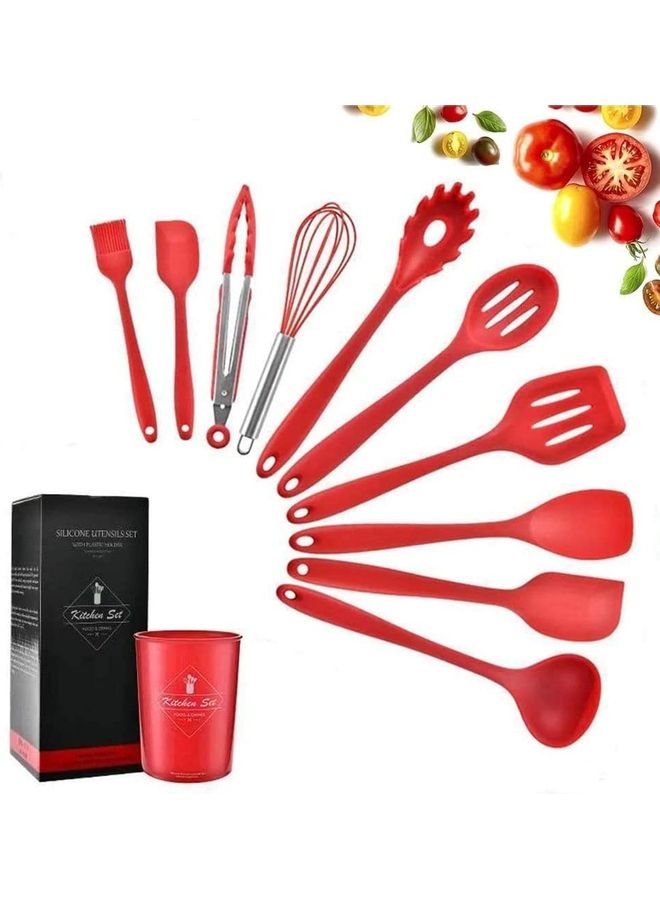 XiuWoo 11-Piece Silicone Cooking Utensils Set Red/Silver One Size - Image 2