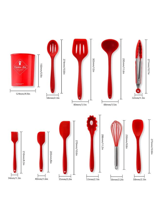XiuWoo 11-Piece Silicone Cooking Utensils Set Red/Silver One Size - Image 3