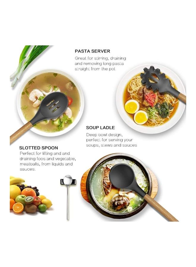 شو وو طقم أدوات طبخ من السيليكون مع حامل وخطافات للتعليق - من 11 قطعة رمادي / بني One Size - Image 3