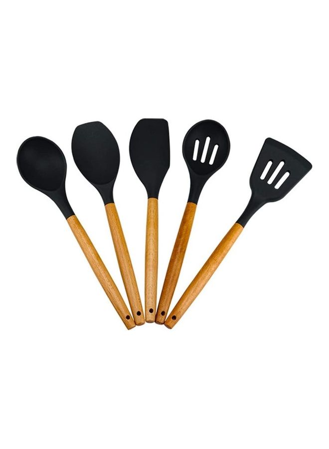 شو وو طقم أدوات مطبخ من السيليكون بمقابض خشبية - من 5 قطع أسود/بني One Size - Image 1