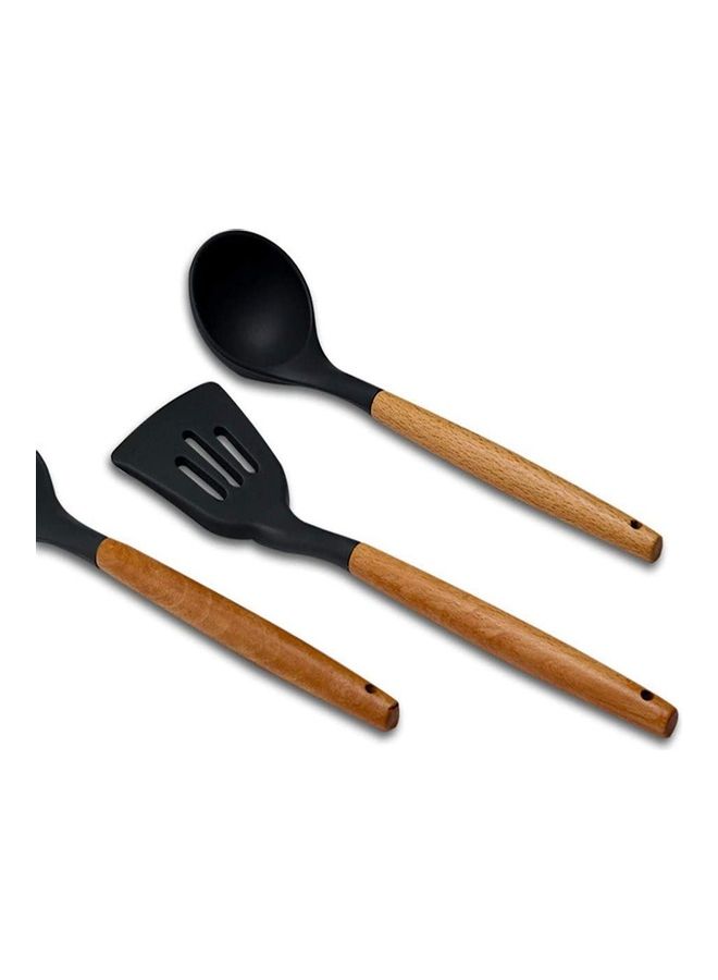 شو وو طقم أدوات مطبخ من السيليكون بمقابض خشبية - من 5 قطع أسود/بني One Size - Image 3