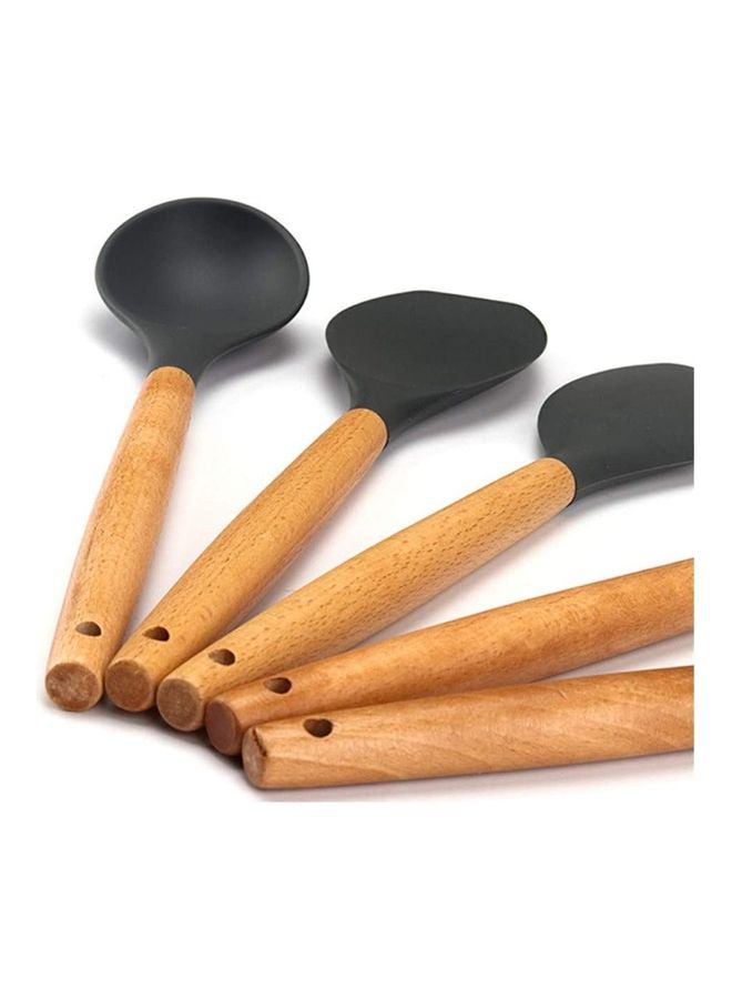 شو وو طقم أدوات مطبخ من السيليكون بمقابض خشبية - من 5 قطع أسود/بني One Size - Image 4