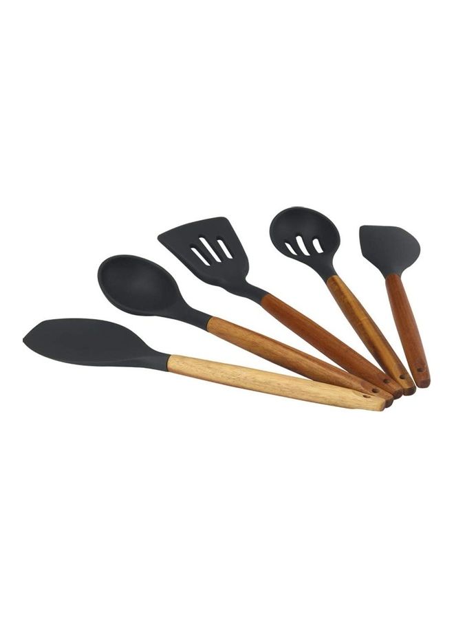 شو وو طقم أدوات مطبخ من السيليكون بمقابض خشبية - من 5 قطع أسود/بني One Size - Image 5
