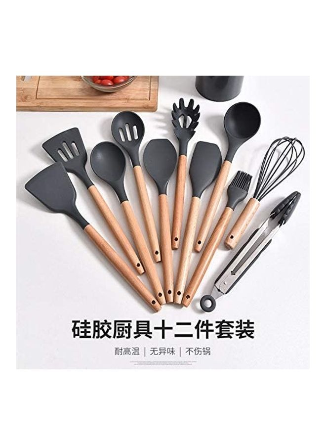 شو وو طقم أدوات مطبخ من السيليكون بمقابض خشبية مع حامل - من 11 قطعة رمادي / بني One Size - Image 2