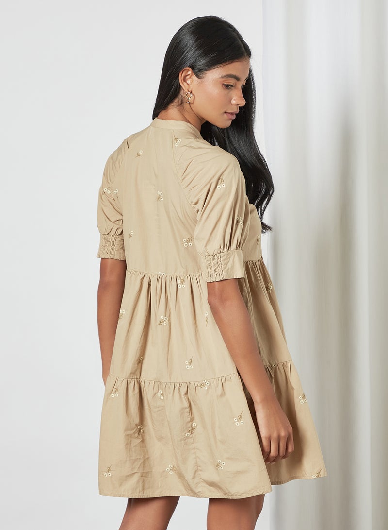 VERO MODA - Embroidered Mini Dress Brown - Image 1