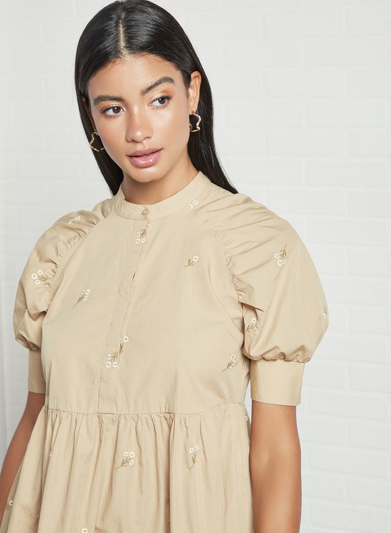 VERO MODA - Embroidered Mini Dress Brown - Image 1