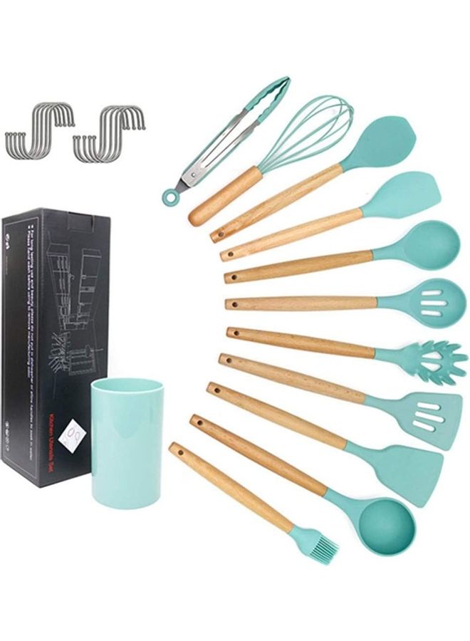 XiuWoo 11-Piece Silicone Wooden Handle Kitchen Utensil Set With Holder and Hanger Hook Multicolour One Size - Image 1