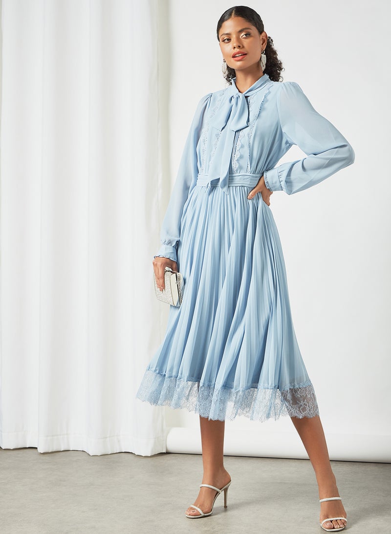 VERO MODA Pleated Lace Trim Dress Blue Fog  - Image 1