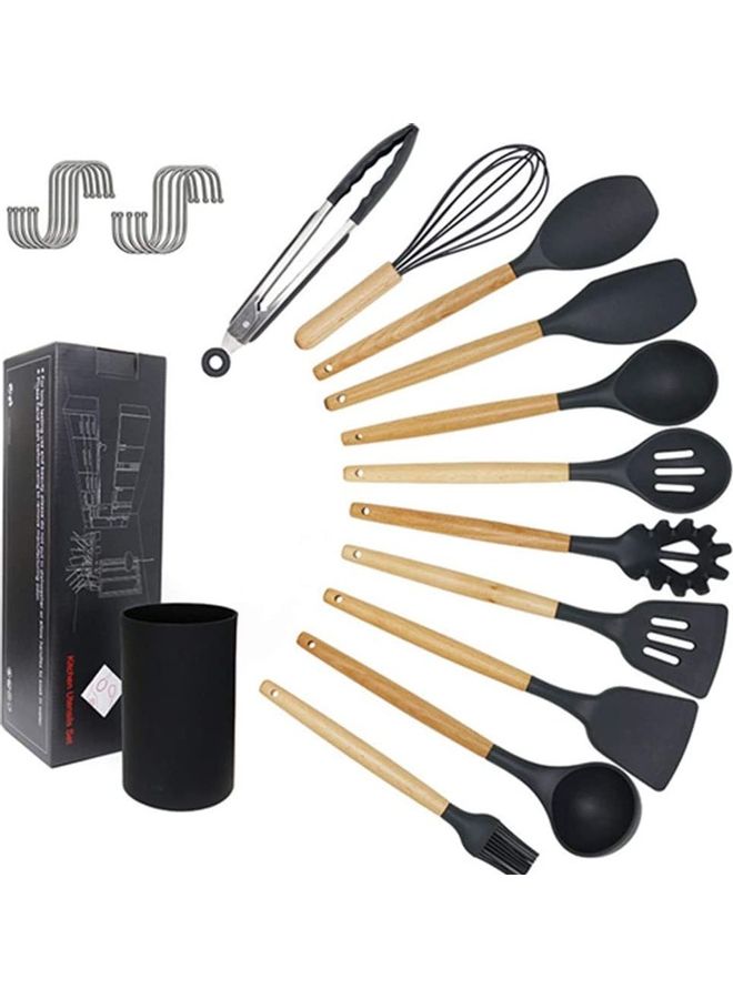 XiuWoo 11-Piece Silicone Wooden Handle Kitchen Utensil Set With Holder and Hanger Hook Multicolour One Size - Image 1
