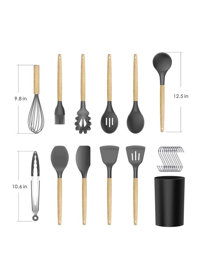 XiuWoo 11-Piece Silicone Wooden Handle Kitchen Utensil Set With Holder and Hanger Hook Multicolour One Size - Image 5