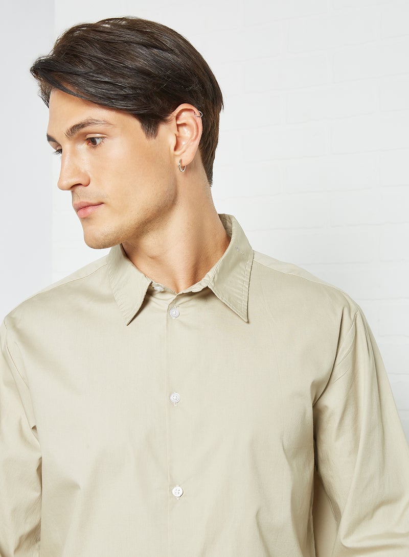 STATE 8 Plain Poplin Long Sleeve Shirt Beige  - Image 3