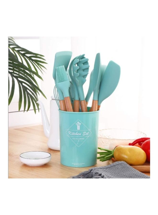 XiuWoo 11-Piece Silicone Wooden Handle Kitchen Utensil Set With Holder Green/Brown One Size - Image 1