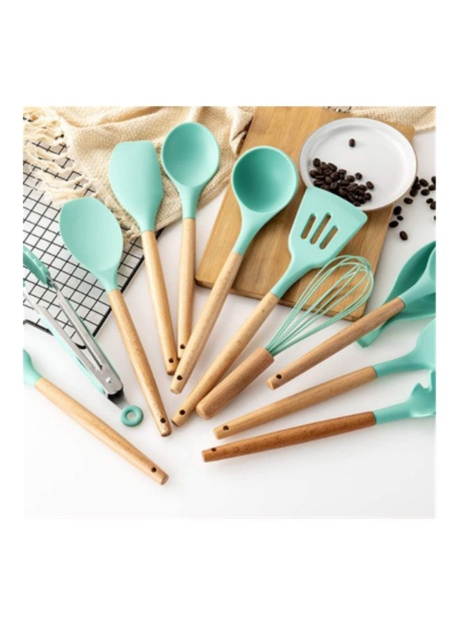 XiuWoo 11-Piece Silicone Wooden Handle Kitchen Utensil Set With Holder Green/Brown One Size - Image 2