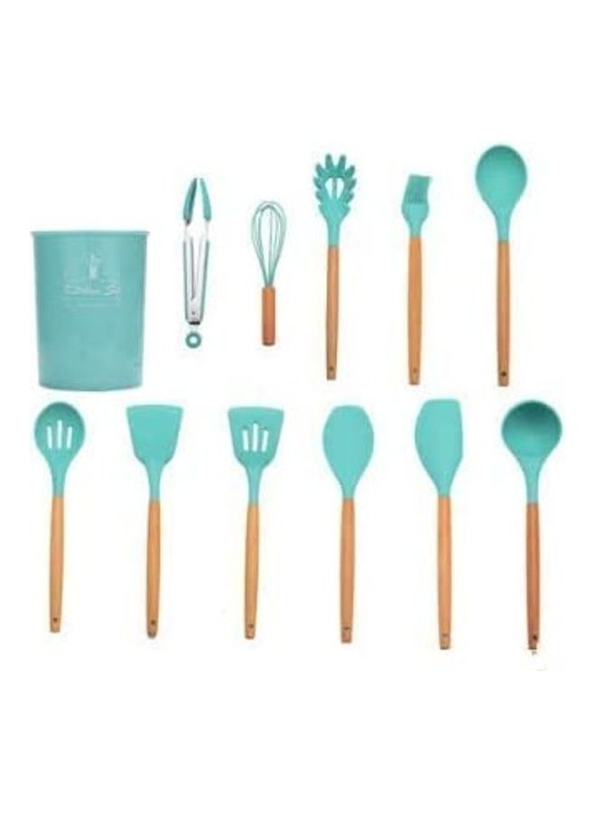 XiuWoo 11-Piece Silicone Wooden Handle Kitchen Utensil Set With Holder Green/Brown One Size - Image 3