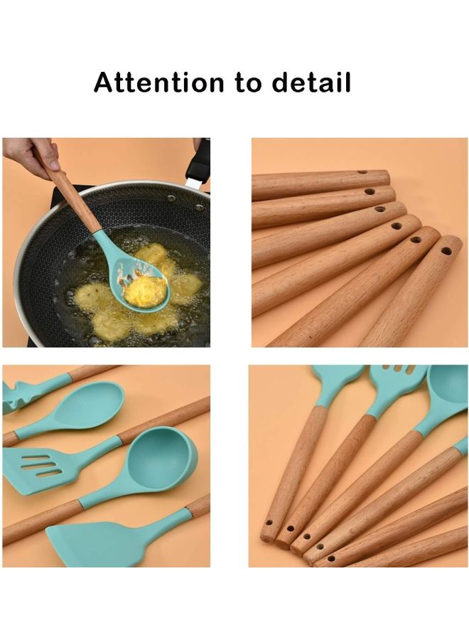 XiuWoo 11-Piece Silicone Wooden Handle Kitchen Utensil Set With Holder Green/Brown One Size - Image 5
