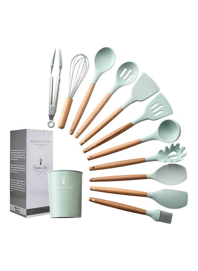11-Piece Non-Stick Silicone Cooking Utensil Set with Storage Bucket Green/Beige 26 x 8cm
