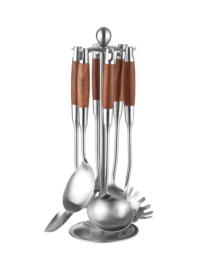 6-Piece Kitchen Cooking Utensil Set with Holder Silver/Brown 45.50 x 16.00 x 16.00cm  - Image 1