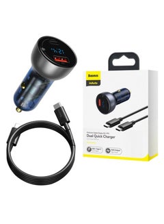 Digital Display QC+PPS Dual Quick Car Charger with Type-C Cable 65W Blue/Black
