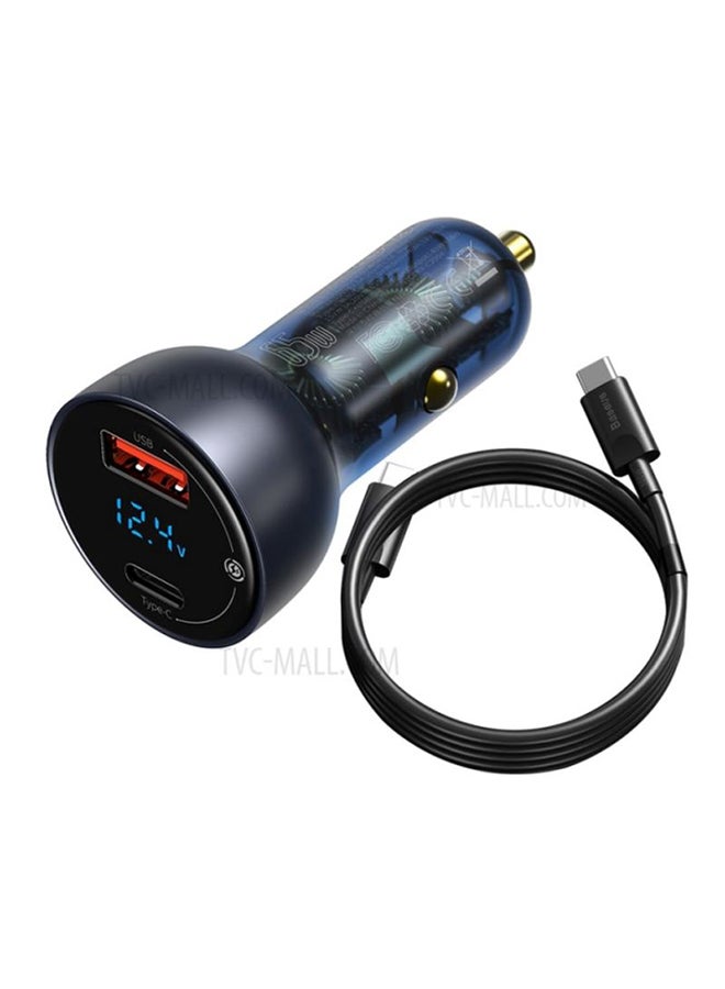 Baseus - Digital Display QC+PPS Dual Quick Car Charger with Type-C Cable 65W Blue/Black - Image 1
