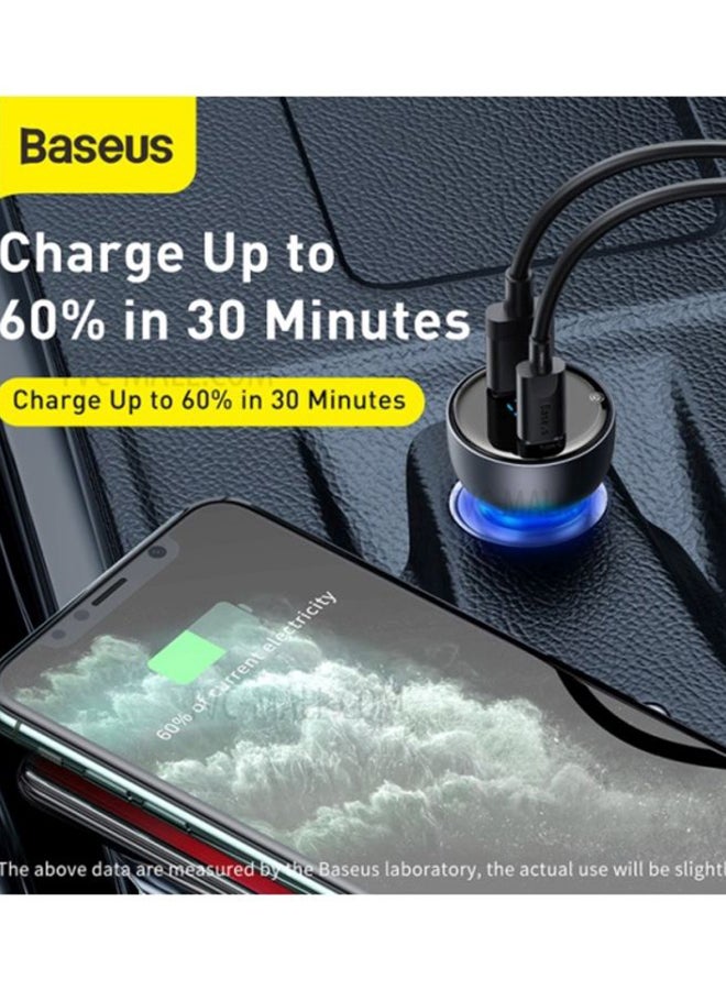 Baseus - Digital Display QC+PPS Dual Quick Car Charger with Type-C Cable 65W Blue/Black - Image 1