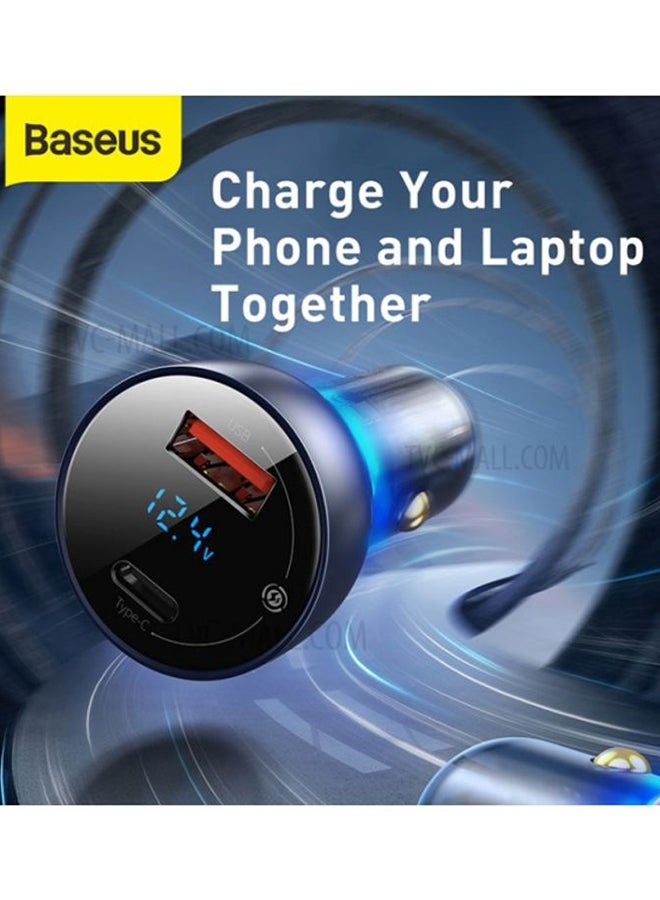 Baseus - Digital Display QC+PPS Dual Quick Car Charger with Type-C Cable 65W Blue/Black - Image 1