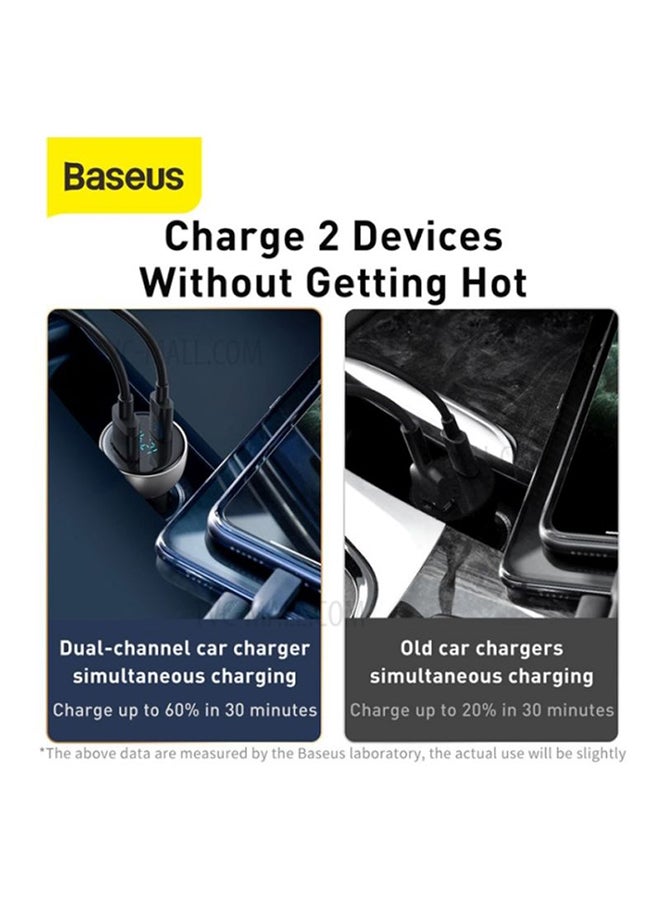 Baseus - Digital Display QC+PPS Dual Quick Car Charger with Type-C Cable 65W Blue/Black - Image 1