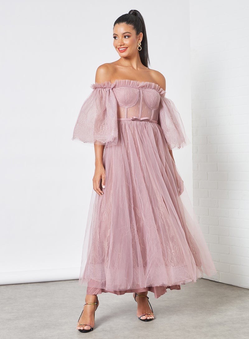 Threadz by Ajooni Off-Shoulder Corset Maxi Dress Lilac - Image 1