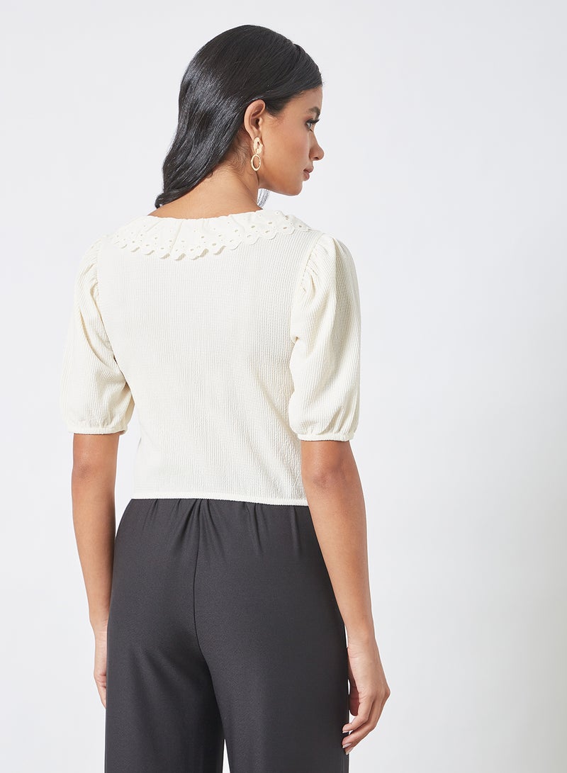 PIECES - Ruffle Detail Crop Top Cream - Image 1