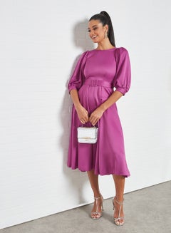 Closet London Belted Puff Sleeve Dress Purple  - Image 3