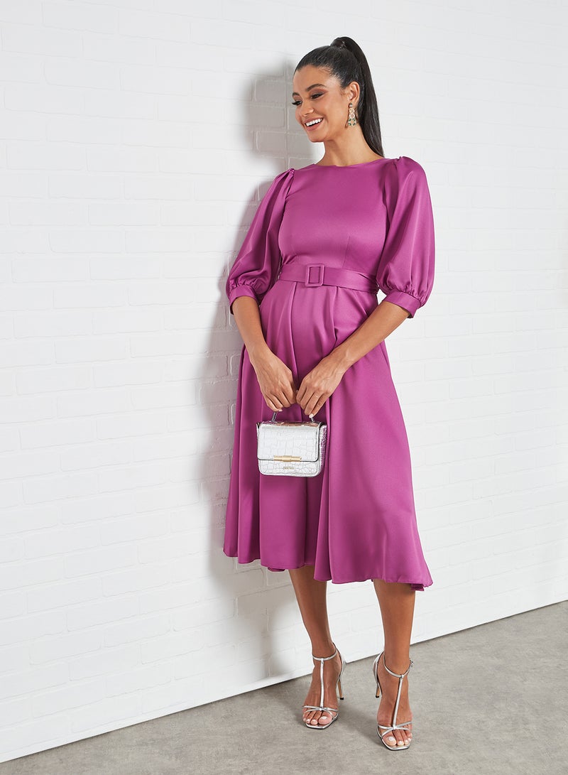 Closet London Belted Puff Sleeve Dress Purple  - Image 3