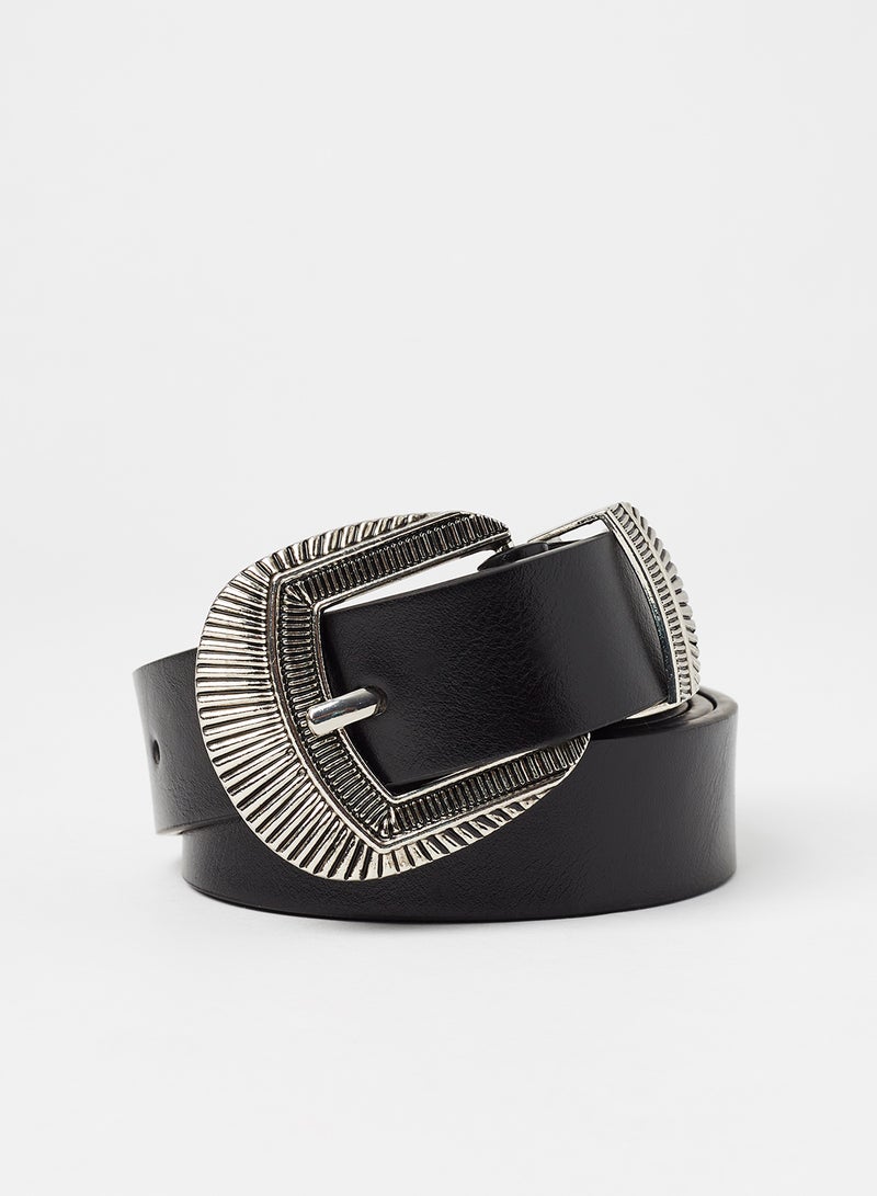 Textured Buckle Faux Leather Belt Black