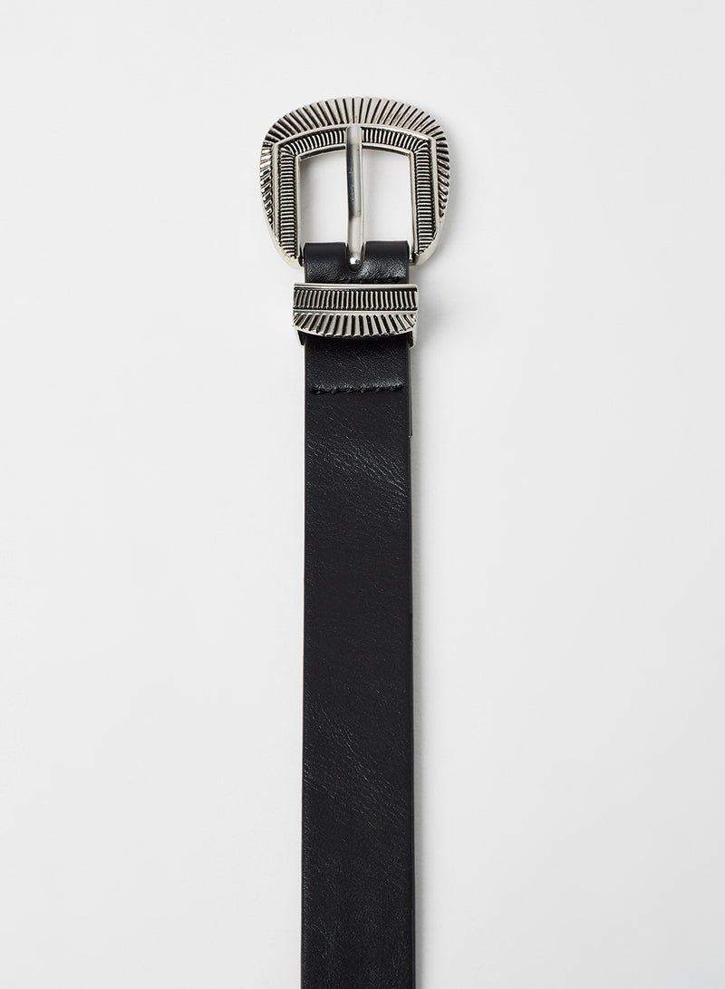 Textured Buckle Faux Leather Belt Black