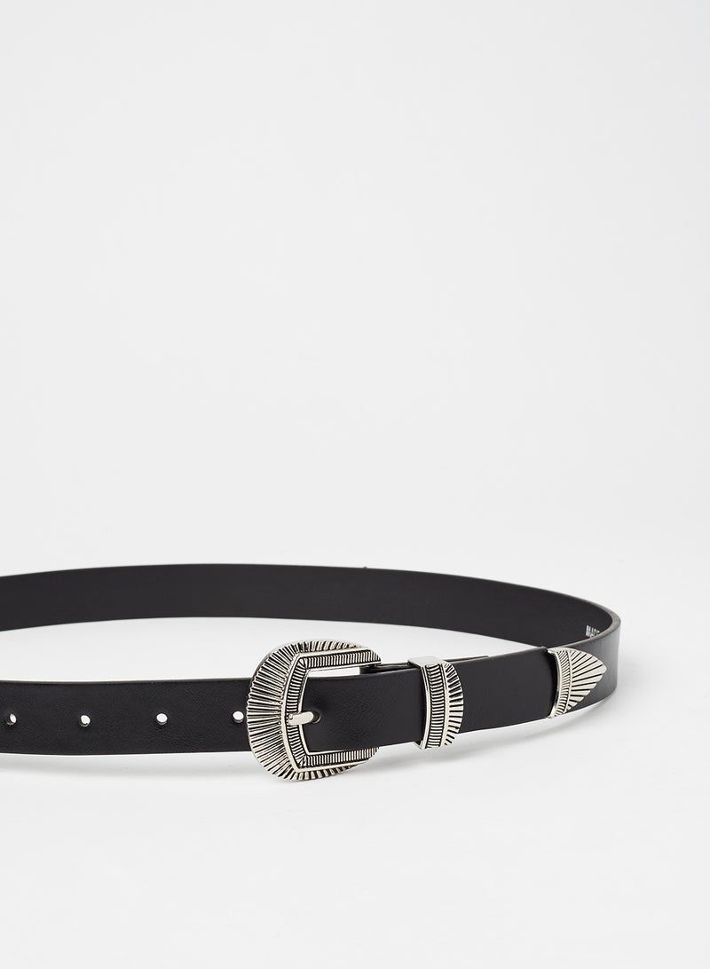 Textured Buckle Faux Leather Belt Black