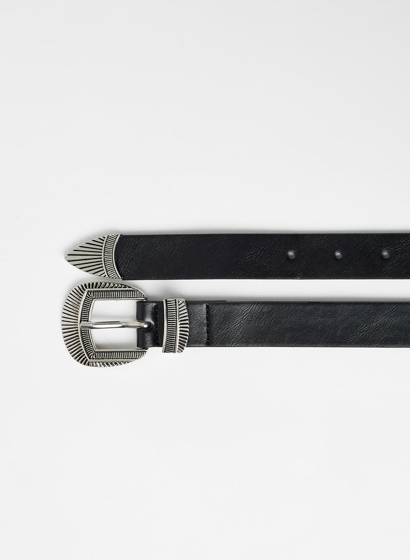 Textured Buckle Faux Leather Belt Black