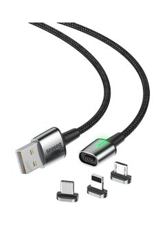 Magnetic Charging Cable 3A Fast Charging, 3 in 1 Magnetic Heads with USB Data Transfer 480 Mbps, Nylon Braided Compatible with Android, iPhone, Samsung, Type C - 1m / Silver/Black