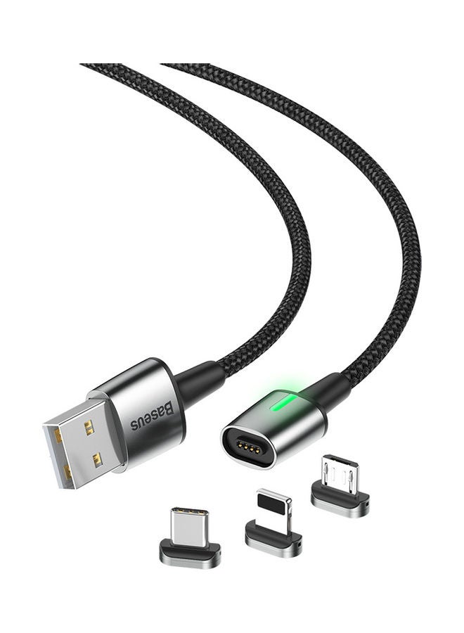 Baseus - Magnetic Charging Cable 3A Fast Charging, 3 in 1 Magnetic Heads with USB Data Transfer 480 Mbps, Nylon Braided Compatible with Android, iPhone, Samsung, Type C - 1m / Silver/Black - Image 1