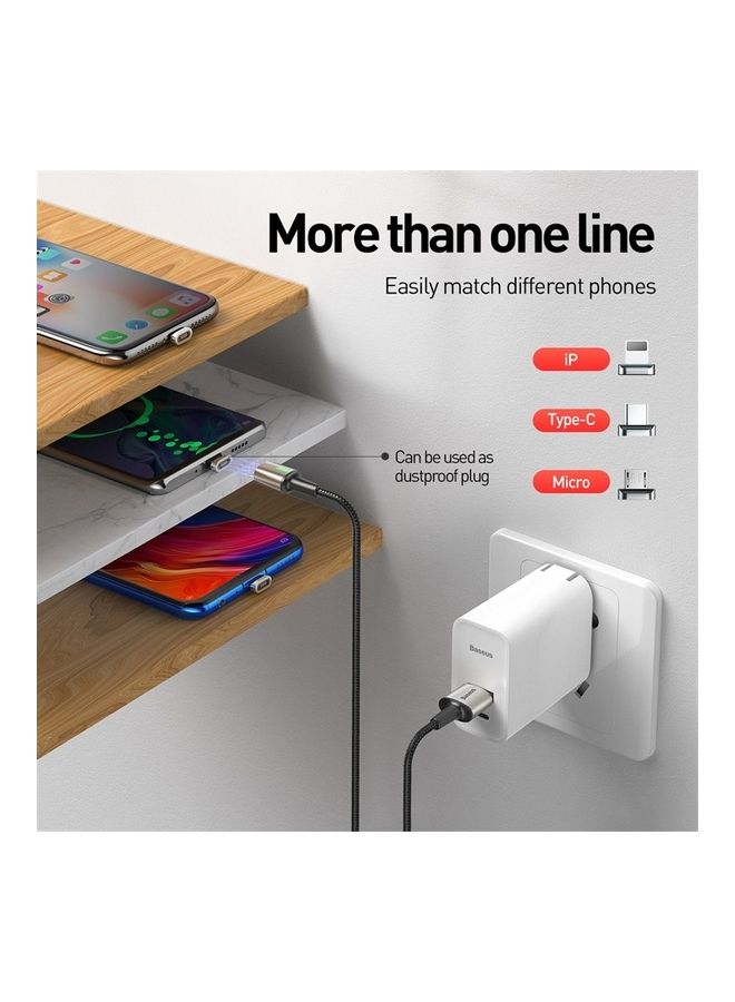 Baseus - Magnetic Charging Cable 3A Fast Charging, 3 in 1 Magnetic Heads with USB Data Transfer 480 Mbps, Nylon Braided Compatible with Android, iPhone, Samsung, Type C - 1m / Silver/Black - Image 1