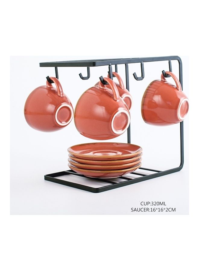 Shuer - 4-Piece Ceramic Tea Cup And Saucer With Stand Orange 16x16x2cm - Image 1