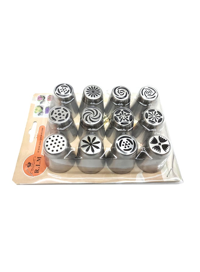 طقم فوهات لتزيين الكيك على شكل أطراف زهرة التوليب مكون من 12 قطعة فضي 20سم - Image 1