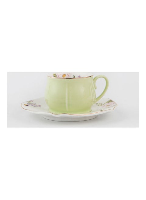 2-Piece Ergonomically Designed Fade-Proof Comfortable Grip Small Five Leaf Cup And Saucer Green/White 115ml