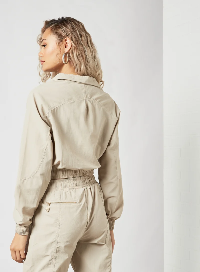 Sian Marie Woven Cropped Sweatshirt Beige