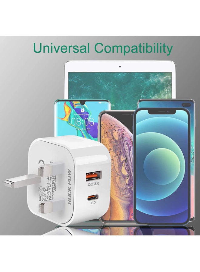 Rock Pow - 20W USB Type C Fast Charger PD Dual Port Power Delivery 3.0 Adapter Plug for iPhone 12 11 Pro Max X XR XS 8 SE 2020 iPad Samsung S20 Huawei P40 P30, White - Image 1