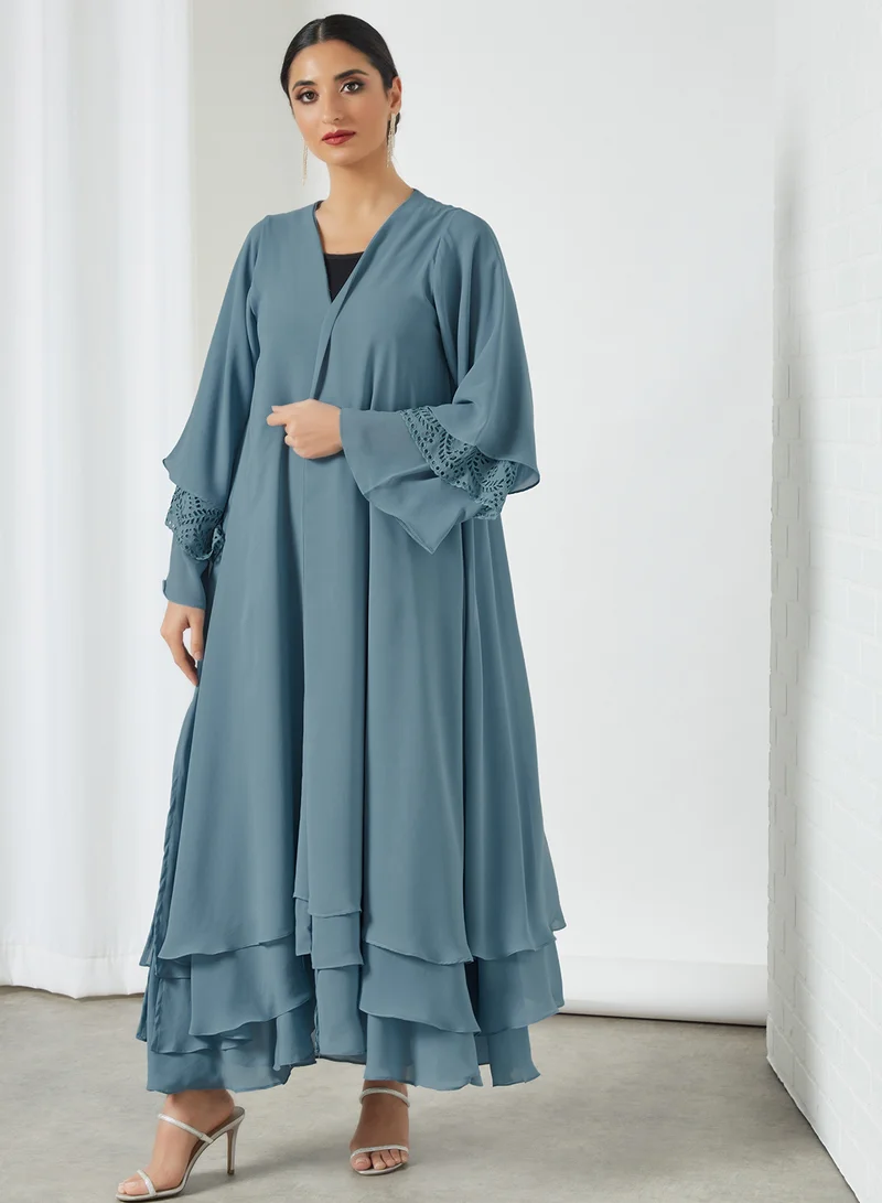7EVENTY3 Cut-Work Embroidered Abaya Teal