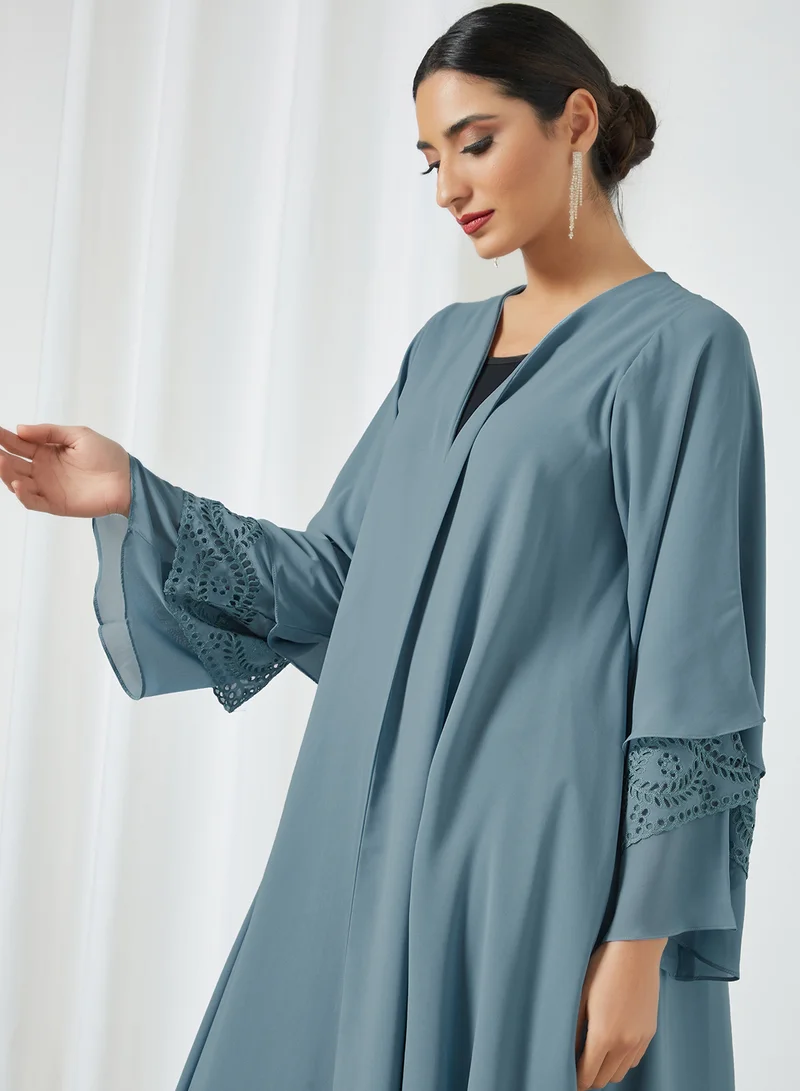 7EVENTY3 Cut-Work Embroidered Abaya Teal