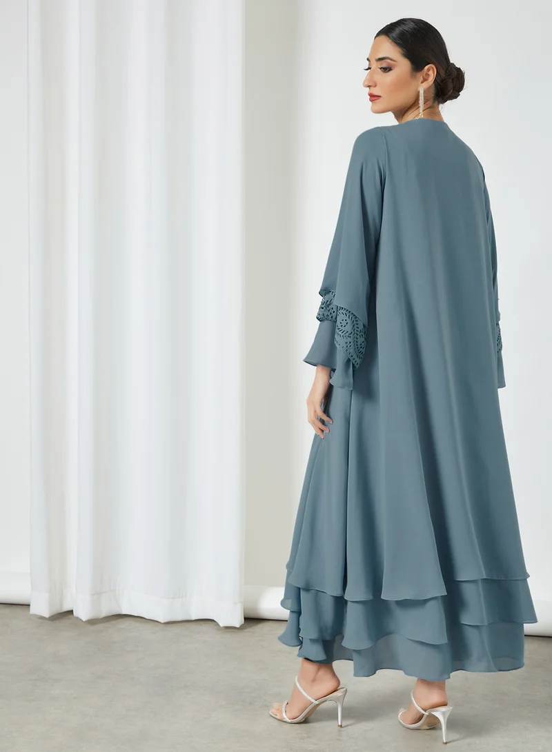 7EVENTY3 Cut-Work Embroidered Abaya Teal